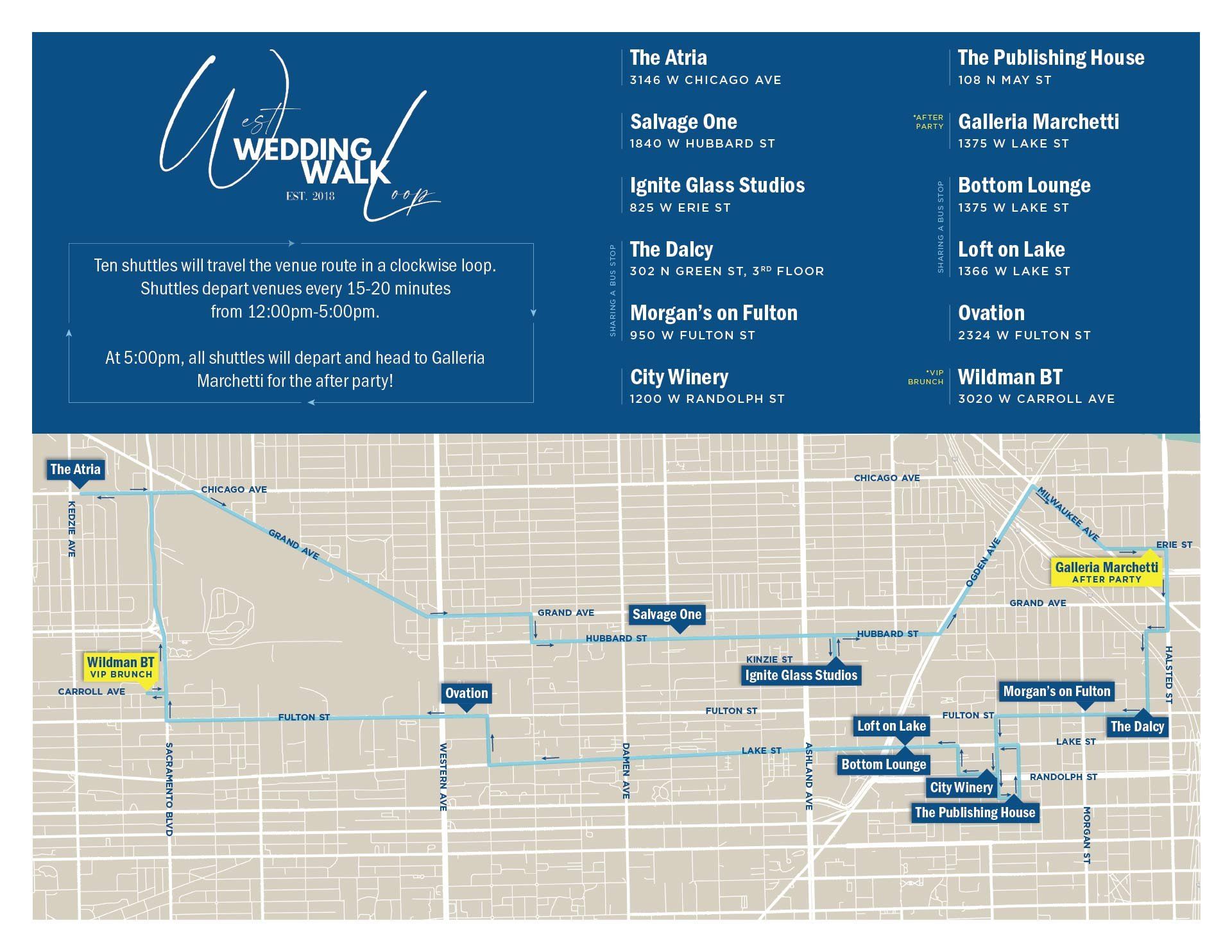 Wedding venue map showing multiple locations and directions in blue and white design.