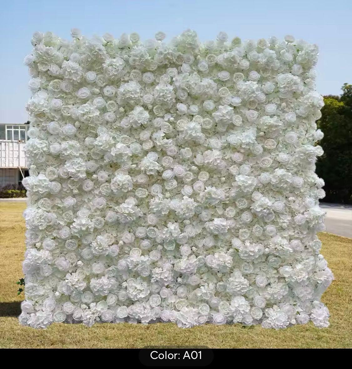 Elegant white flower wall backdrop, ideal for adding a soft, romantic touch to at any special event.