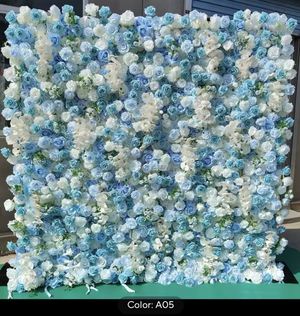 Blue and white flower wall backdrop, perfect for creating a vibrant and elegant setting for photo sessions and special events.