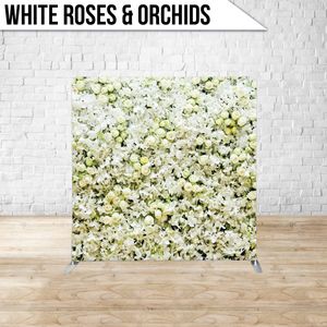 Add elegance to your celebration with a white roses and orchids backdrop, creating a beautiful and timeless photo booth setting!