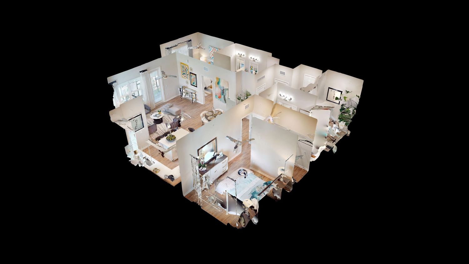 3D digital dollhouse view of a modern home interior layout with white walls and multiple furnished rooms.