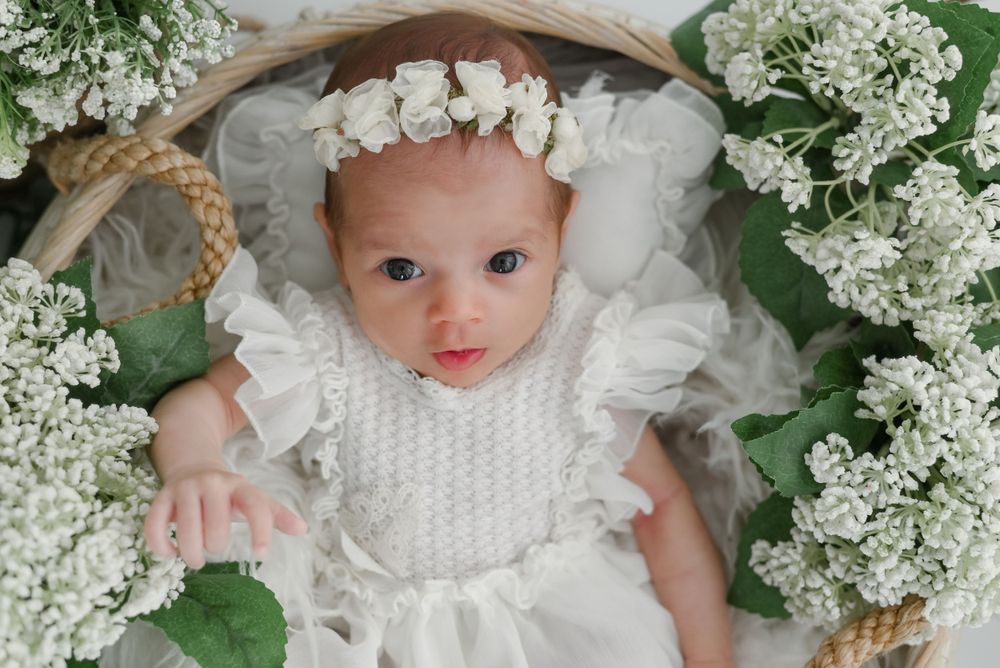 White floral crown adorns baby in christening dress surrounded by blooming lilacs.
