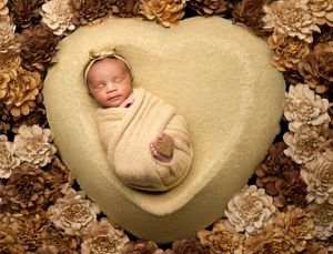 A series of seven connected photos showing a sleeping newborn baby nestled in a cream-colored blanket surrounded by dried flowers.