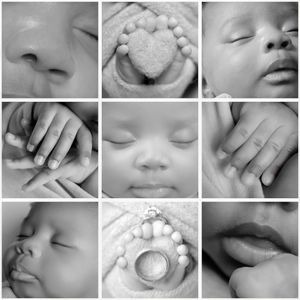 Black and white collage of close-up baby detail photos showing tiny fingers, peaceful sleeping faces, and delicate features.