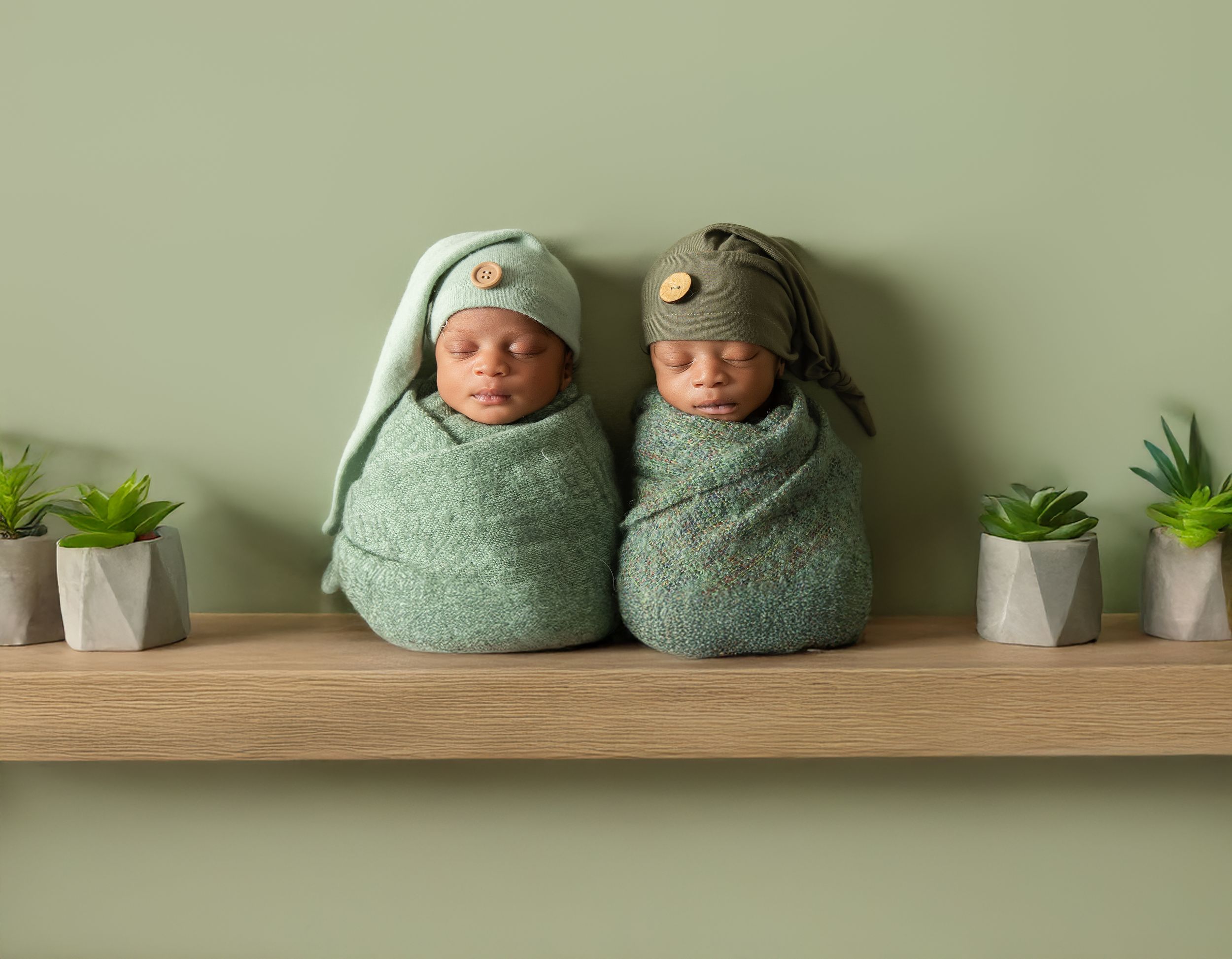Two swaddled babies in sage green wraps with bunny ear hats sit on a wooden shelf with small potted plants.