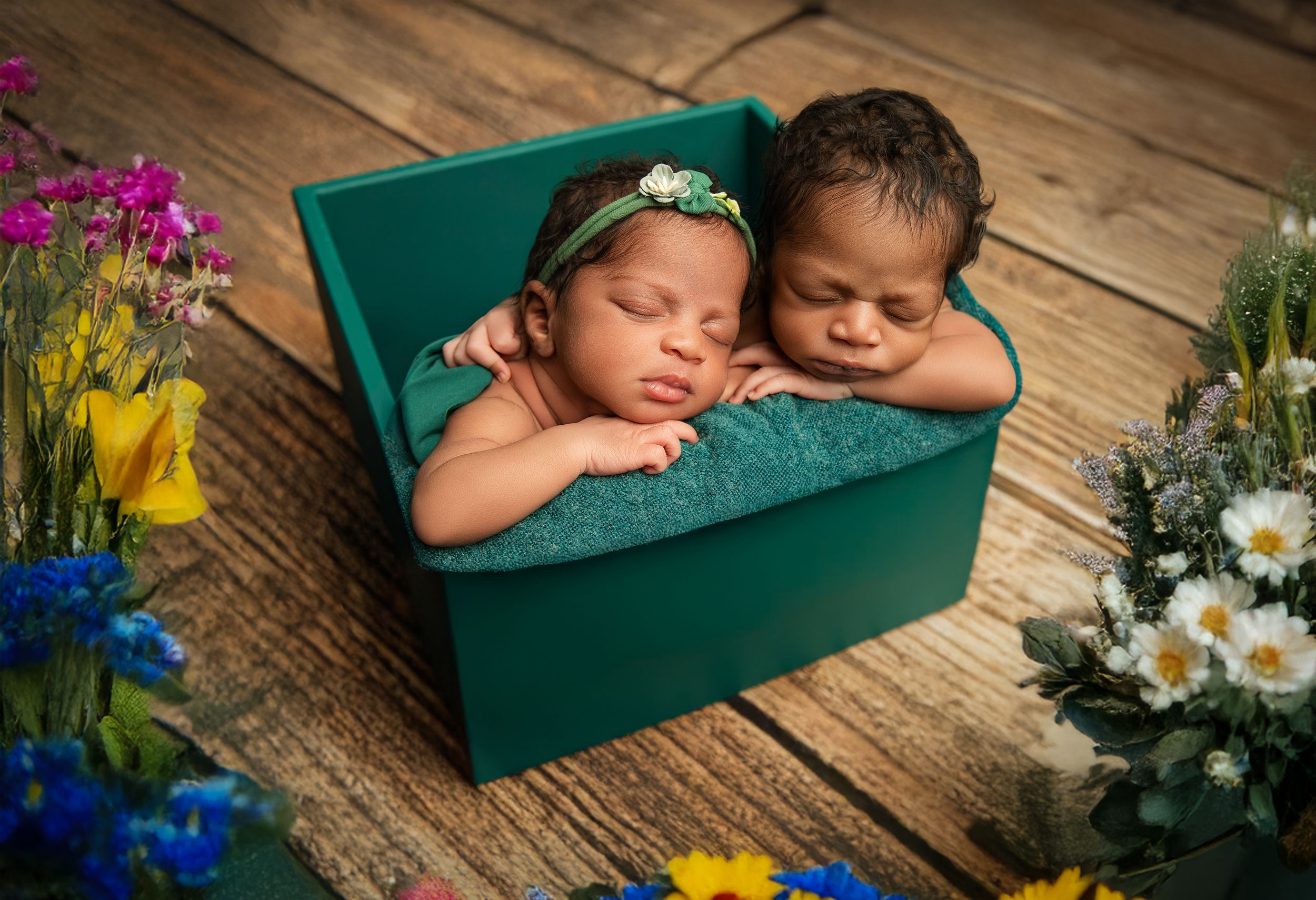 A sleeping child nestled in a teal box surrounded by colorful spring flowers on a rustic wooden surface.