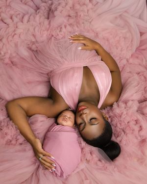 A series of artistic photos showing a sleeping baby in pink tulle fabric against soft pink background.