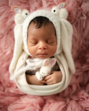 Sleeping baby wrapped in soft white bear-themed blanket on pink fur background.