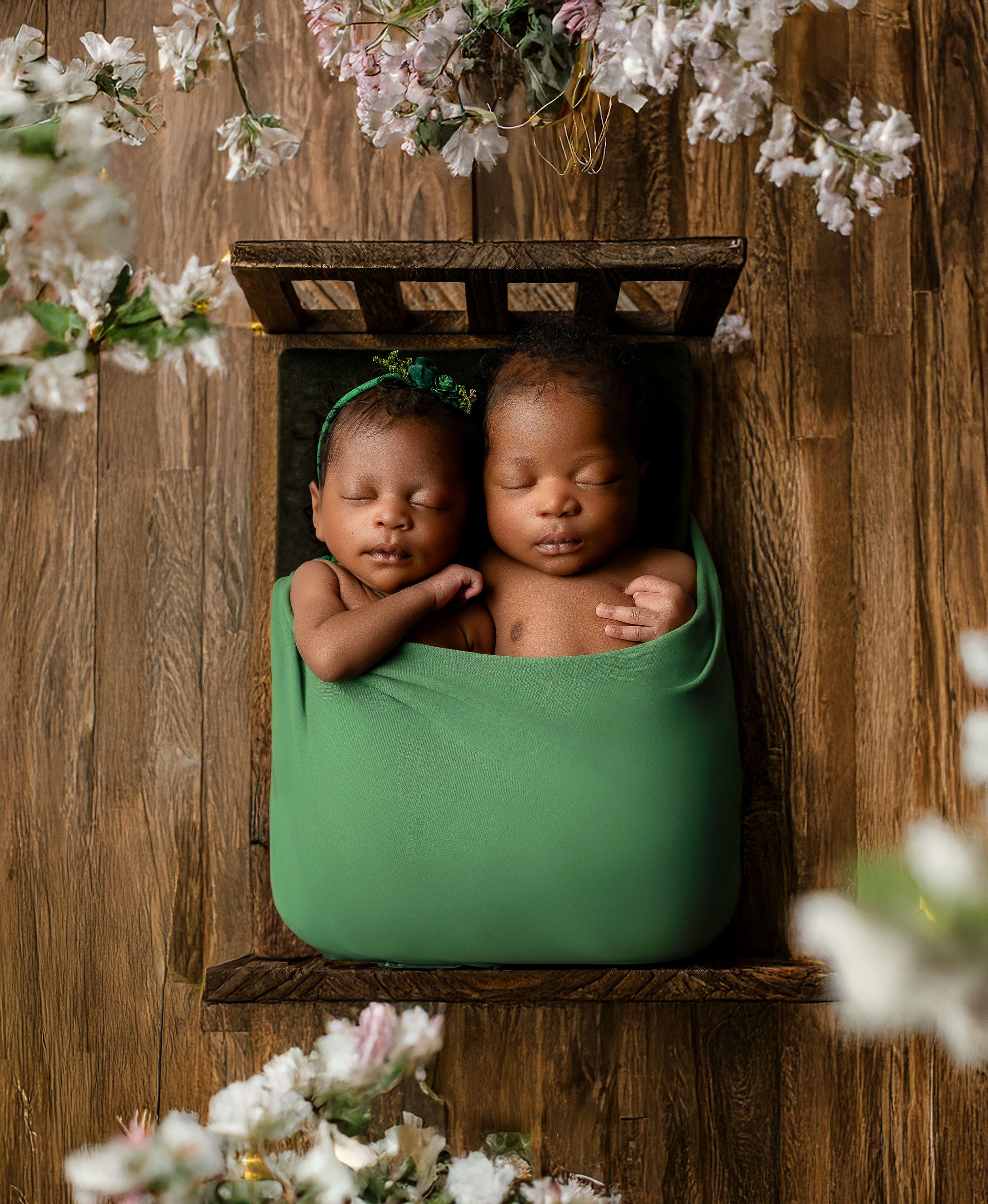 Two sleeping babies swaddled in a green wrap nestled in a rustic wooden window frame with cherry blossoms blooming.