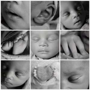 Black and white close-up photographs showing various facial features and expressions in an artistic composition.