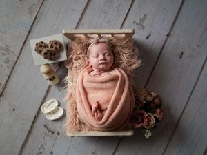 A series of four newborn photography images showing a sleeping baby posed with soft pink fabrics and rustic props.