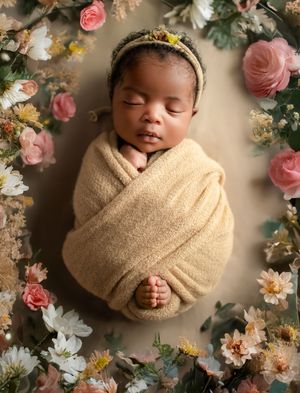 A sleeping newborn rests peacefully surrounded by soft pink and white flowers against a neutral backdrop.