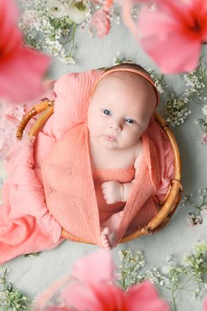 A newborn in a coral pink blanket lies in a wooden basket surrounded by delicate white baby's breath flowers and pink blooms.