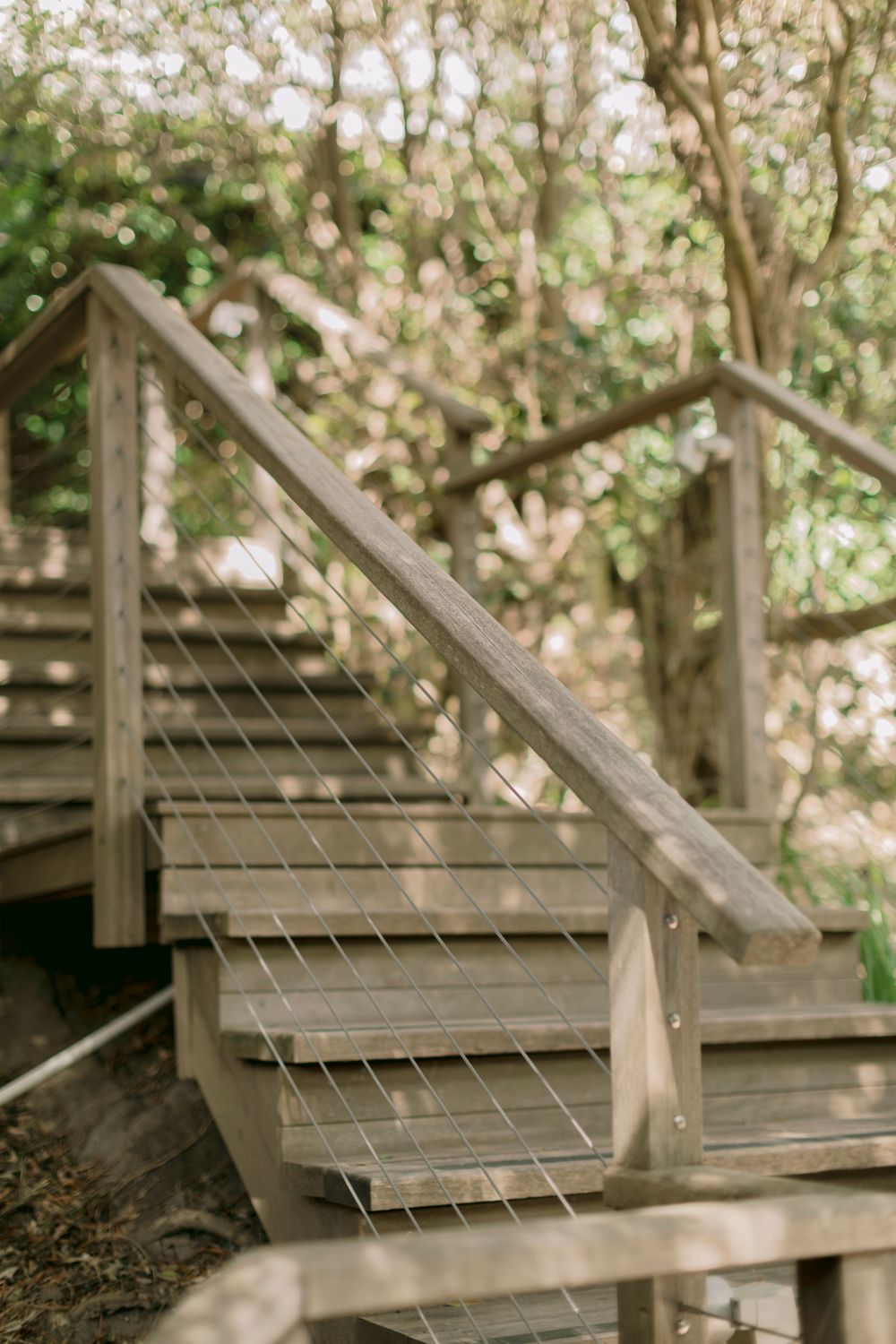 Rustic wooden outdoor staircase with cable railings surrounded by lush green trees.