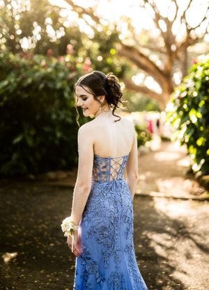 Elegant blue formal dress with intricate lace detailing showcased in an outdoor garden setting.