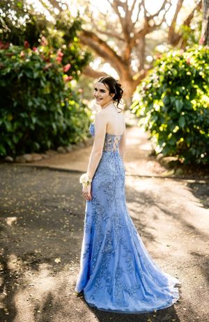 Blue lace gown with flowing train captured in golden afternoon light among garden foliage.