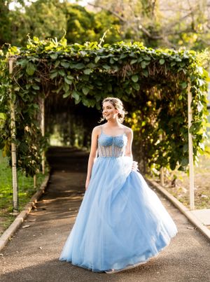 A princess-style powder blue gown with full tulle skirt photographed along a vine-covered garden path.