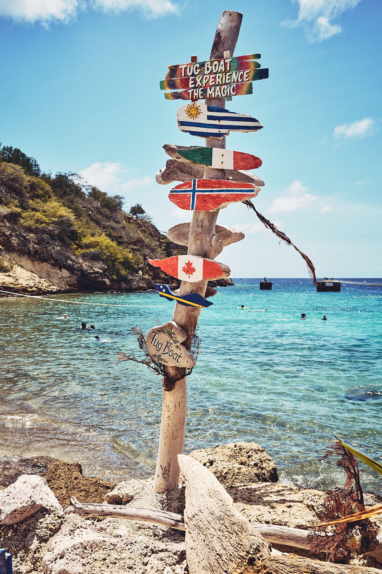 Colorful directional signs including flags mounted on a wooden pole against turquoise ocean waters and rocky coastline.