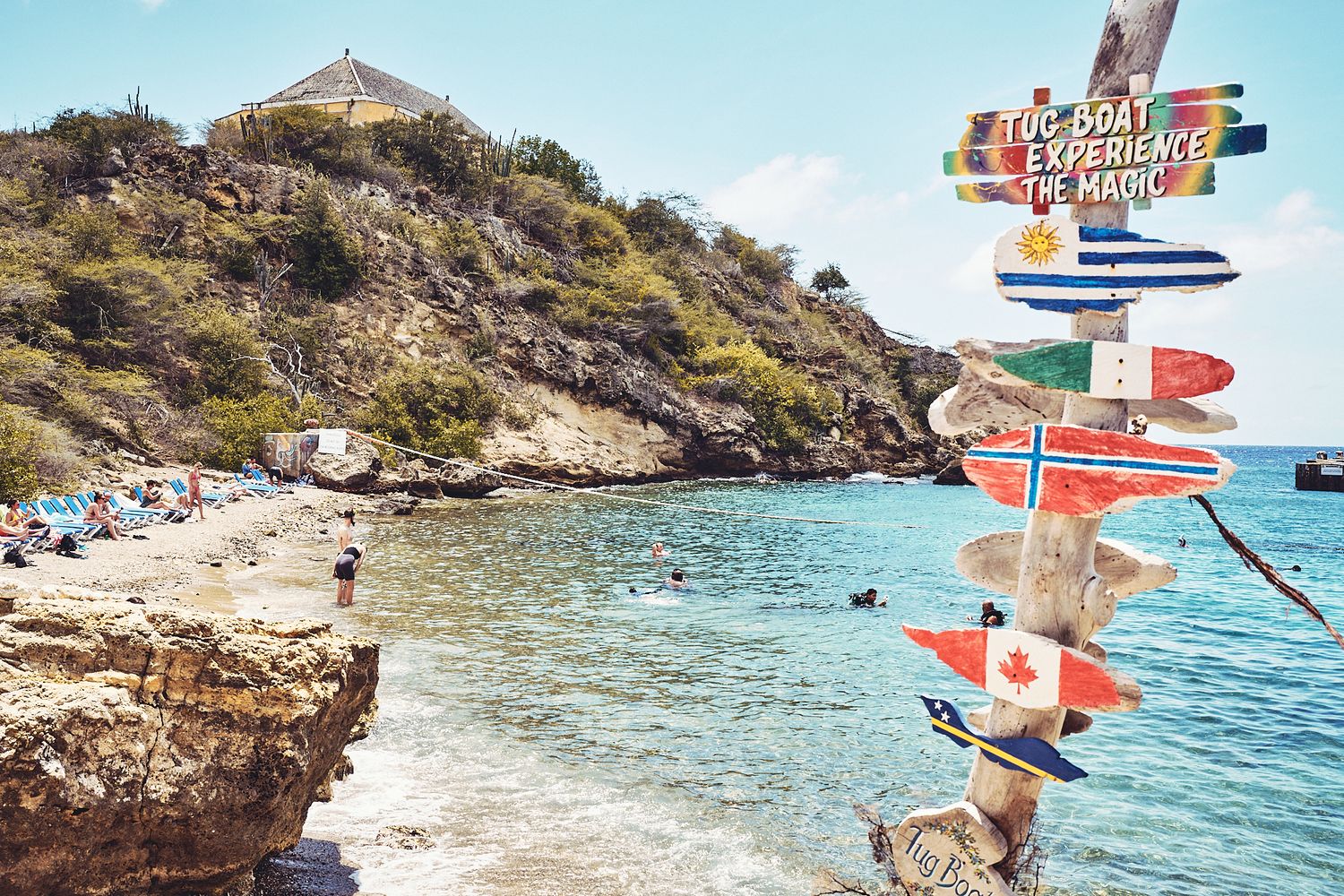 Beach cove with crystal clear waters and directional sign post featuring international flags.