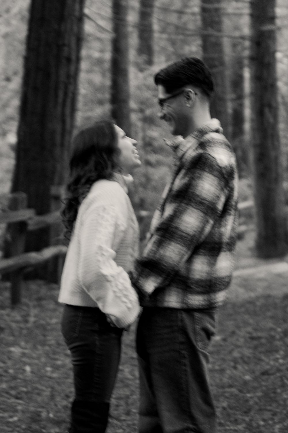 Artistic black and white sequence of couple dancing in a wooded setting.