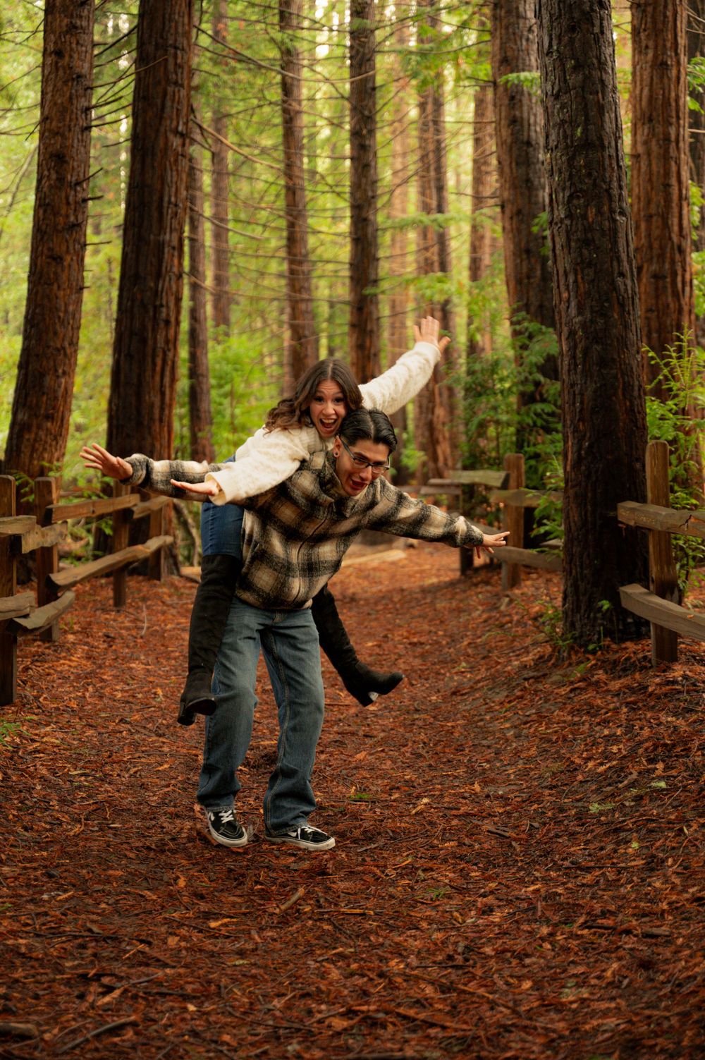 Playful sequence showing romantic dip pose among tall forest trees.