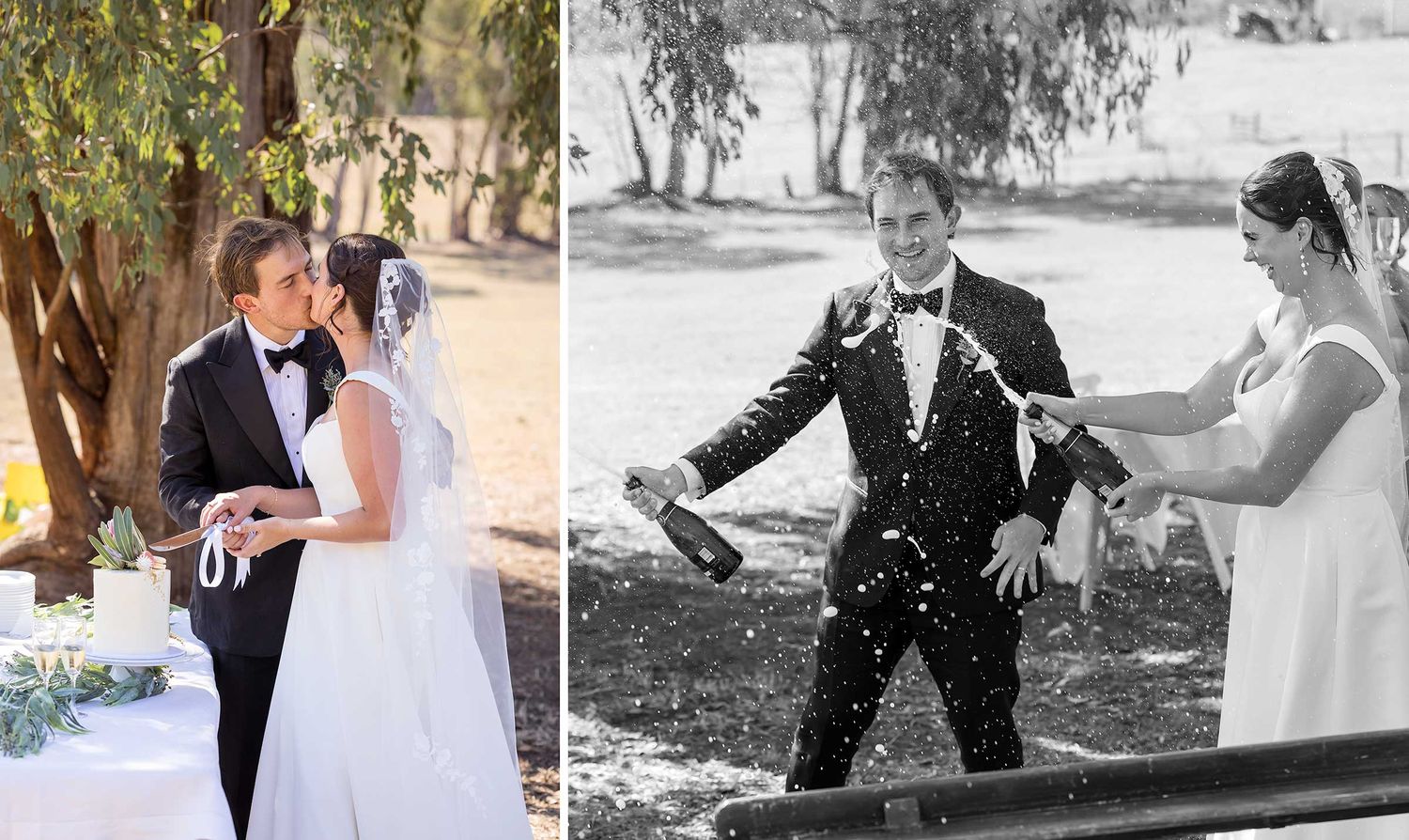 Happy newlyweds enjoying joyful moments in an outdoor garden setting during their wedding celebration at Porepunkah.