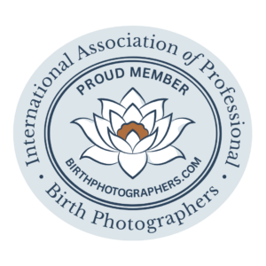 A circular logo for the International Association of Professional Birth Photographers with a lotus flower design.