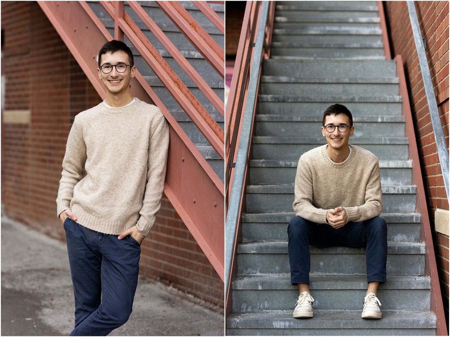Young man in beige sweater poses casually on industrial metal staircase.