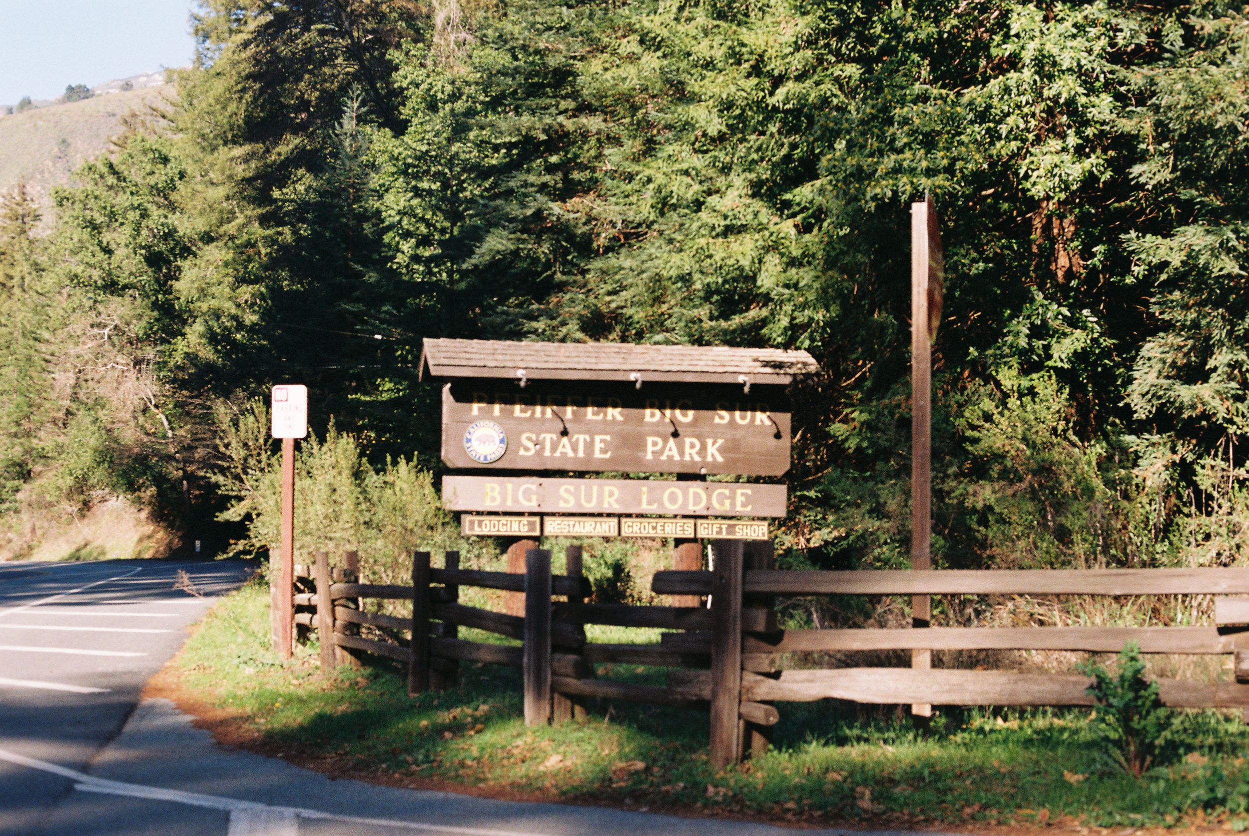 Wooden park entrance sign on a rural road surrounded by green forest.