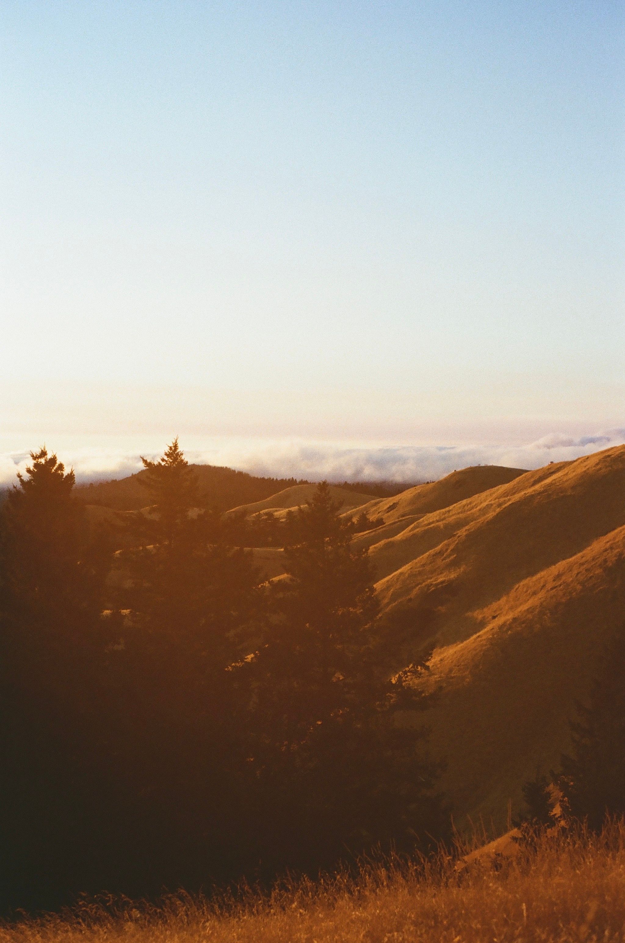 Golden sunset over rolling hills and mountain landscape.