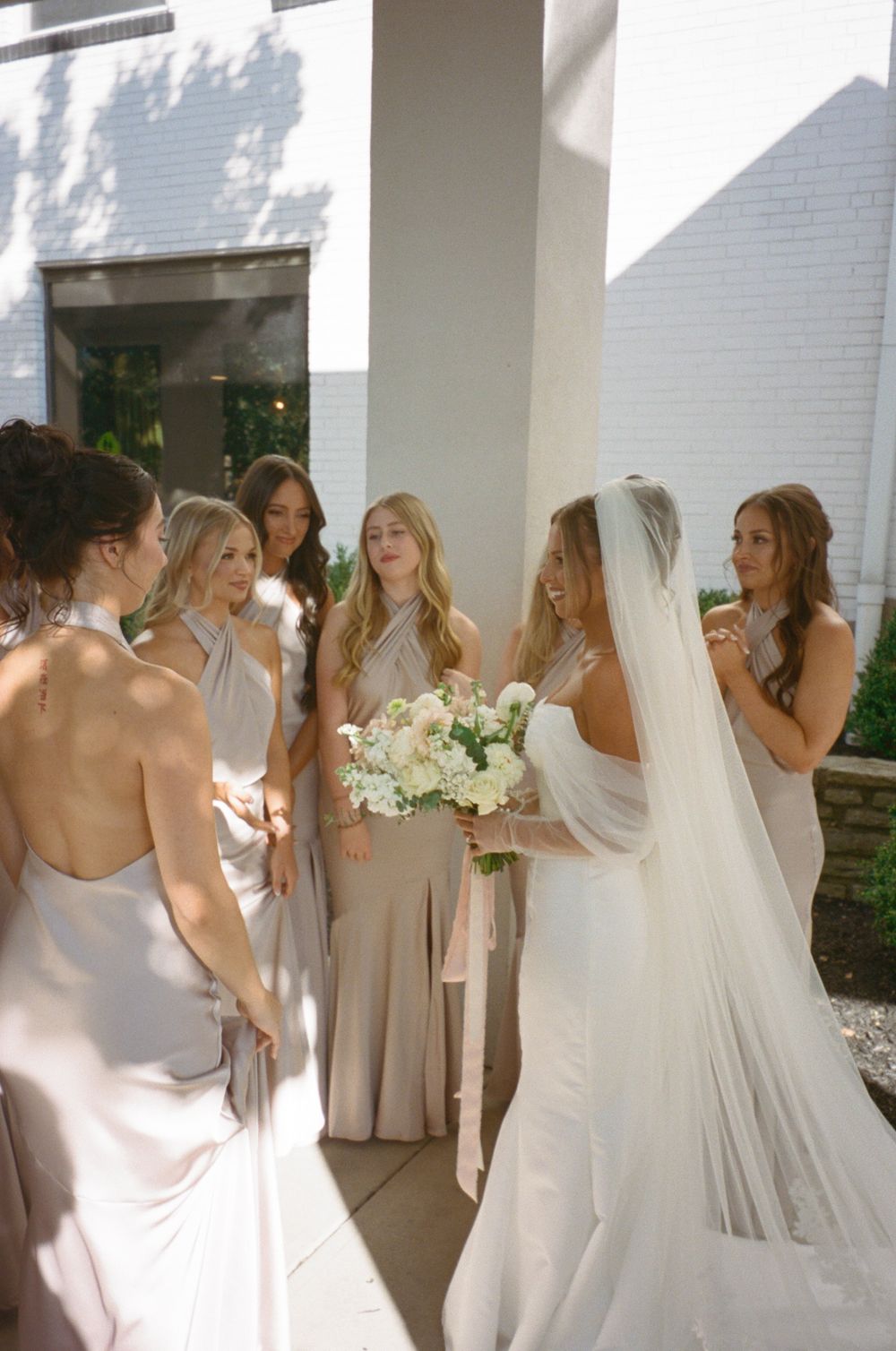 Bridesmaids in blush dresses gather around the bride in her white gown and veil outdoors.