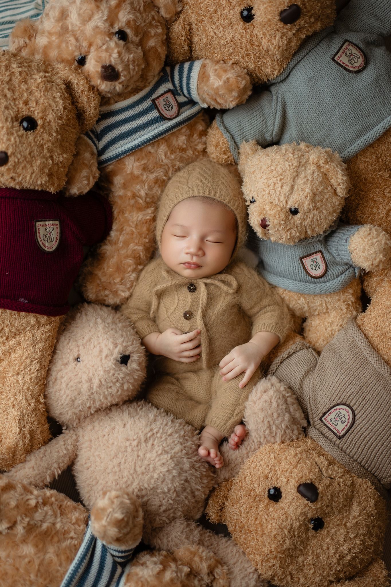 Sleeping infant surrounded by teddy bears wearing coordinated sweaters in warm earth tones.