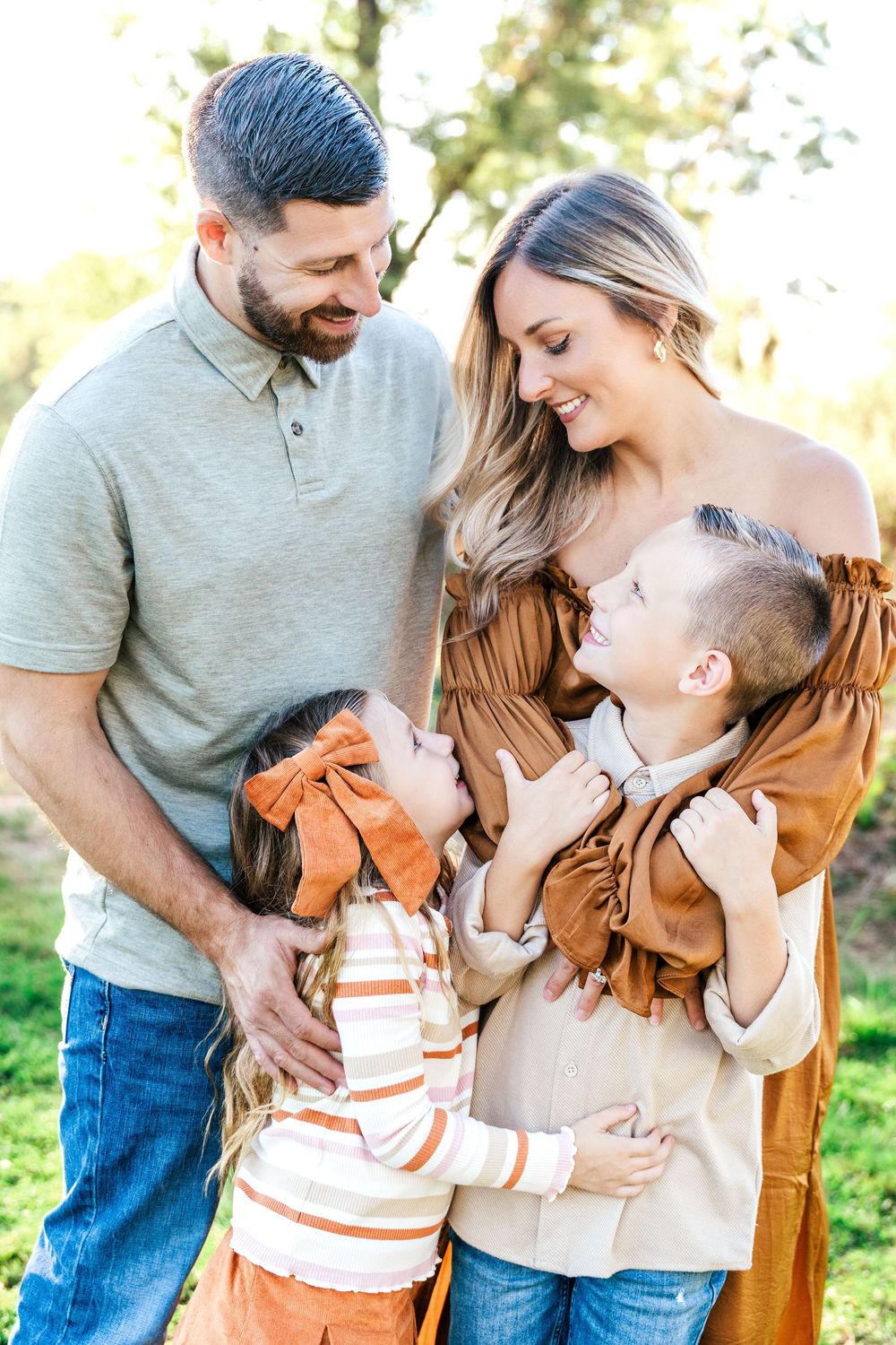 A loving family shares tender moments together outdoors in a series of casual lifestyle photos.