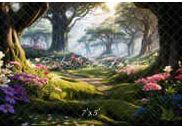 Magical forest clearing with sunbeams illuminating colorful wildflowers and ancient trees.