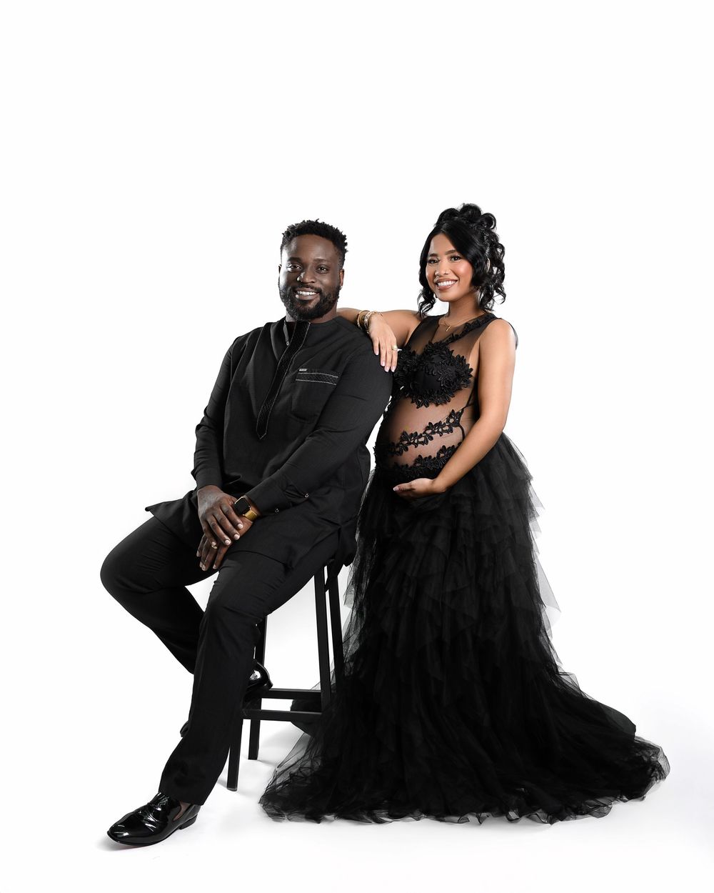 Elegant couple shares intimate moments in black attire against white backdrop in three artistic portrait poses.