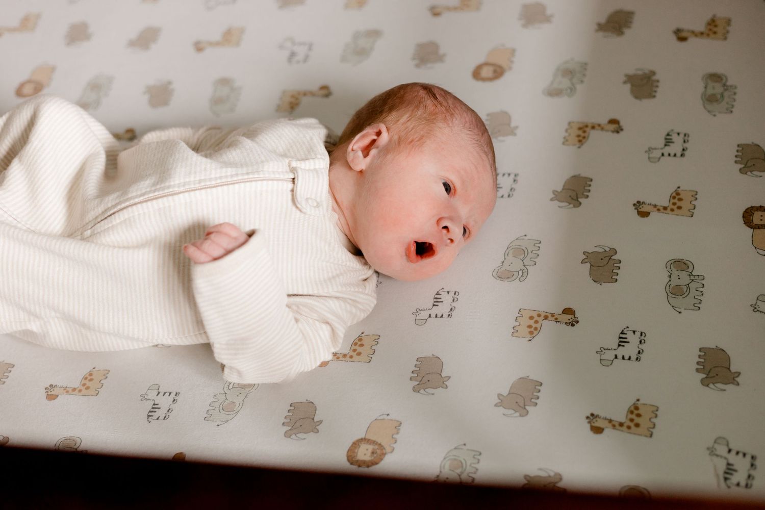 Newborn baby in a white knit outfit lying in a crib with an animal print sheet, mouth open wide.