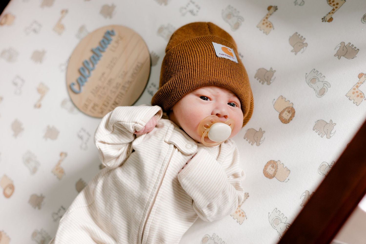 Adorable newborn baby wearing brown Carhartt beanie and white zip onesie with pacifier in safari crib.