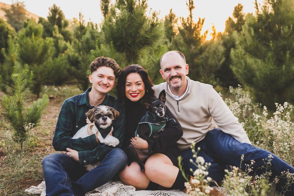 A couple sits with their dog among pine trees and wildflowers during a golden hour photo session.