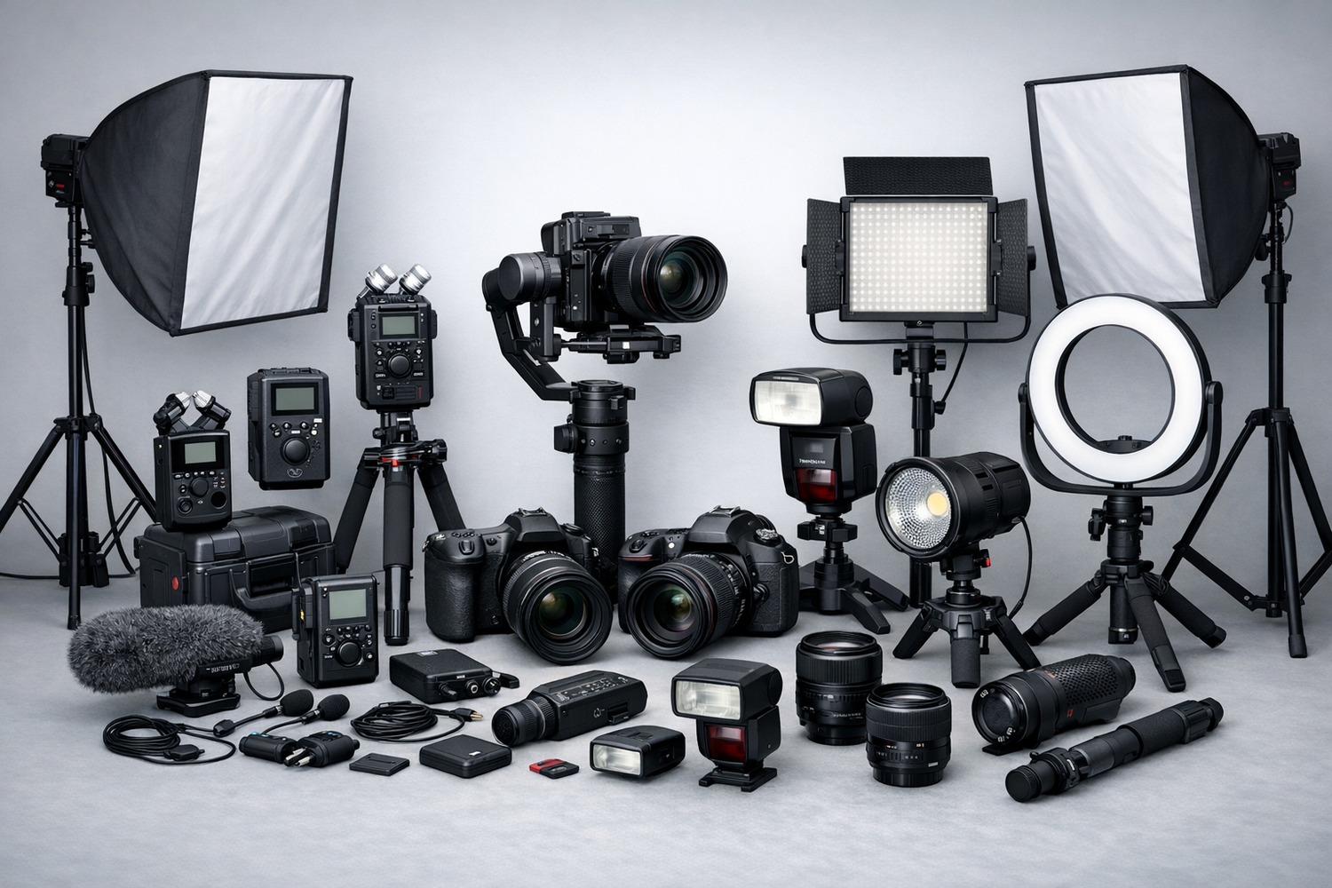 Professional photography equipment including cameras, lenses, lighting gear, and studio accessories arranged in a row.