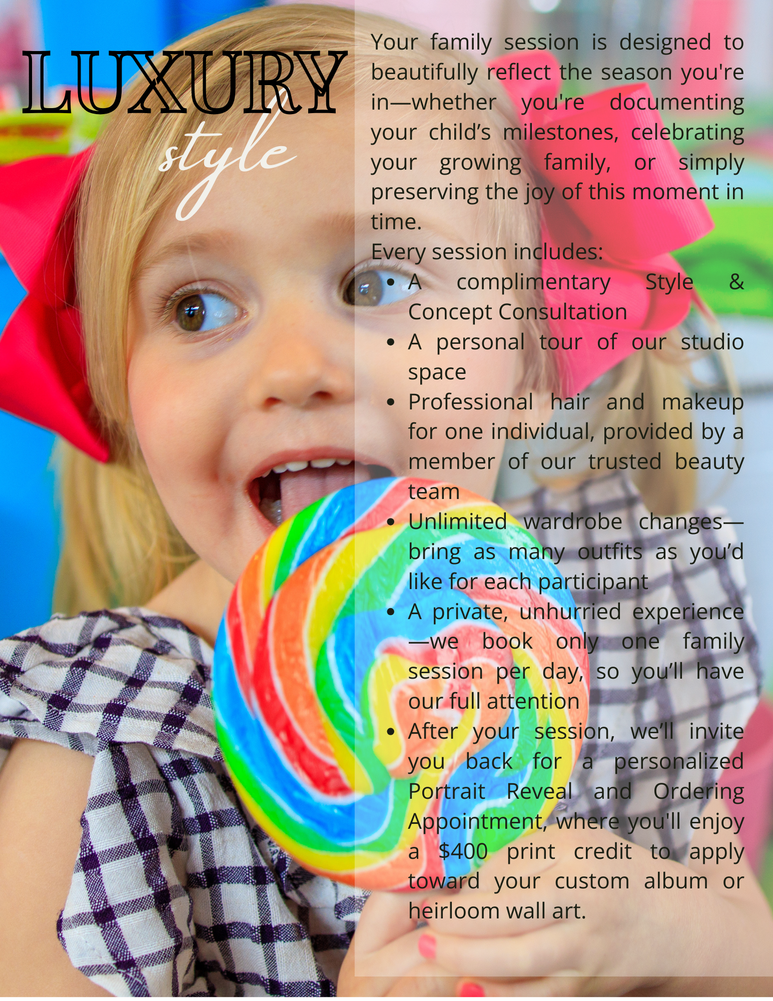 A colorful photography studio advertisement banner with rainbow swirls and text about luxury family photo sessions.