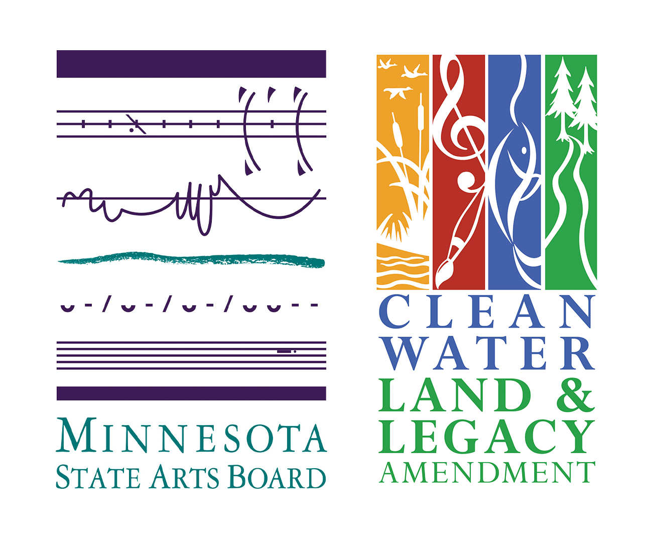 Logo for Minnesota State Arts Board and Clean Water Land & Legacy Amendment with musical notes and colorful panels.