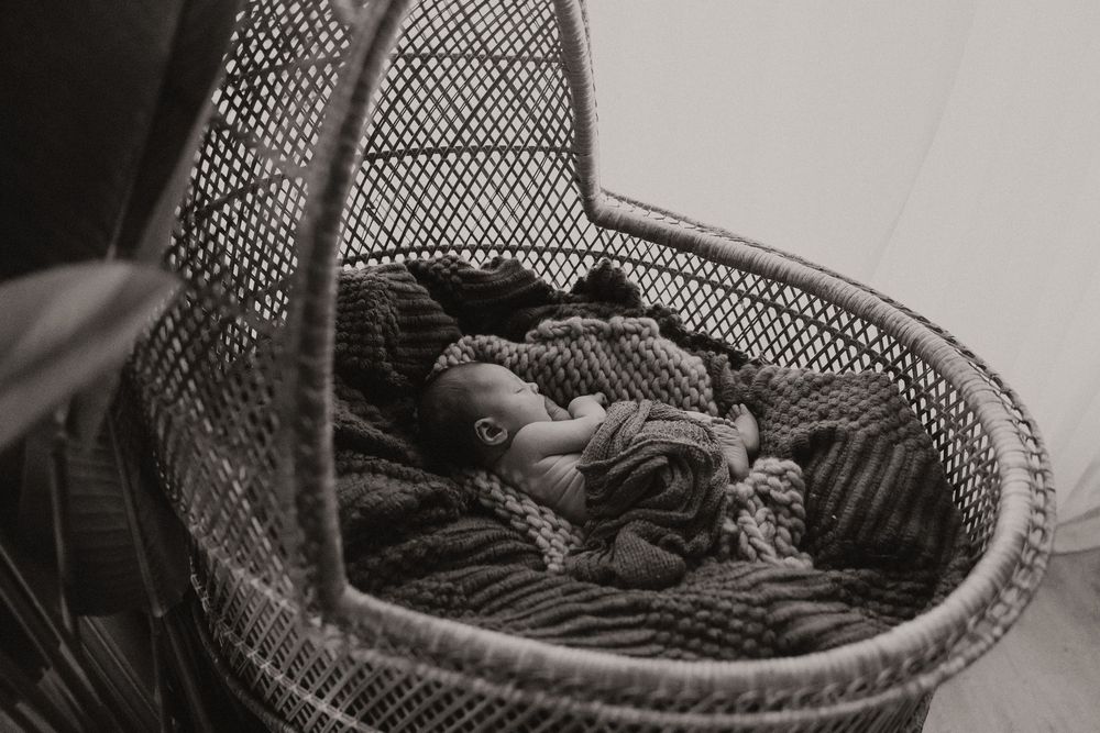 Black and white photograph of a sleeping baby nestled in a woven basket.