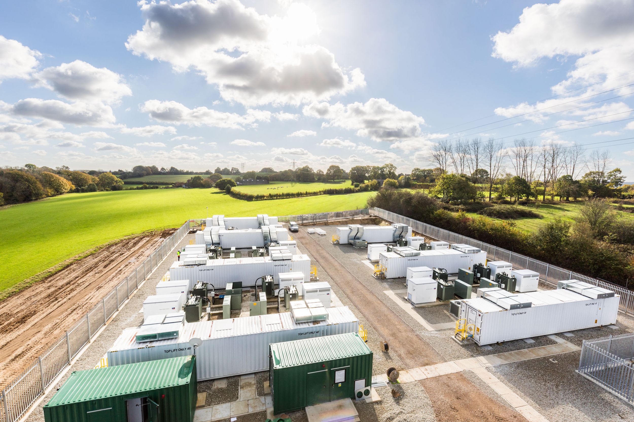 Aerial drone-view of a BESS battery energy storage installation and National Grid connection in Kent-1