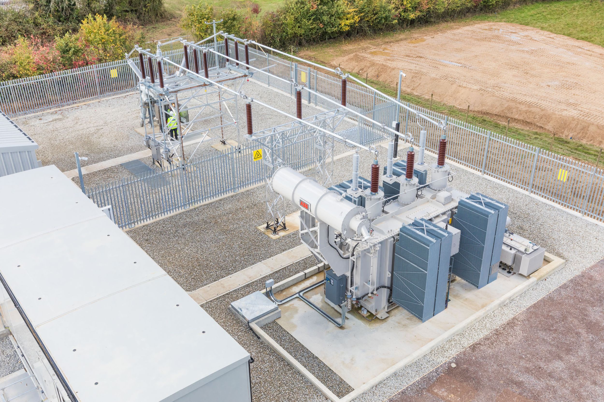 Aerial drone-view of a BESS battery energy storage installation and National Grid connection in Kent-3
