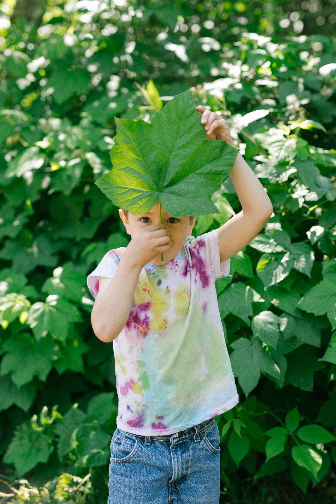 A small child plays peek-a-boo with a large green leaf in a lush garden setting.