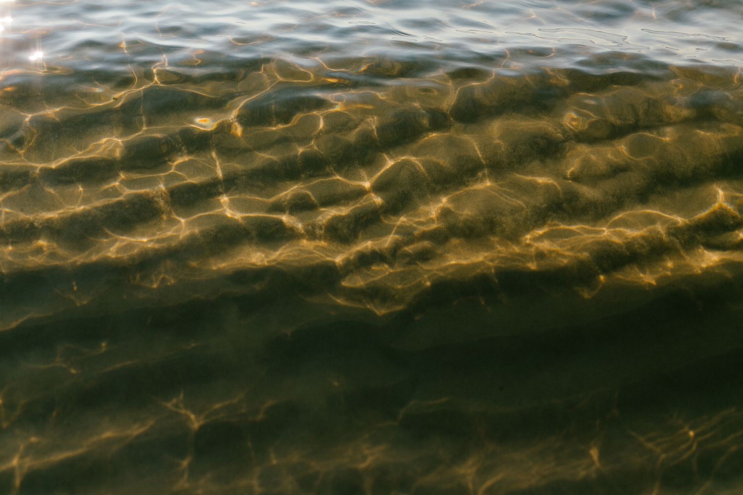 Dramatic golden sunlight filters through rippling ocean waves creating an ethereal underwater pattern.