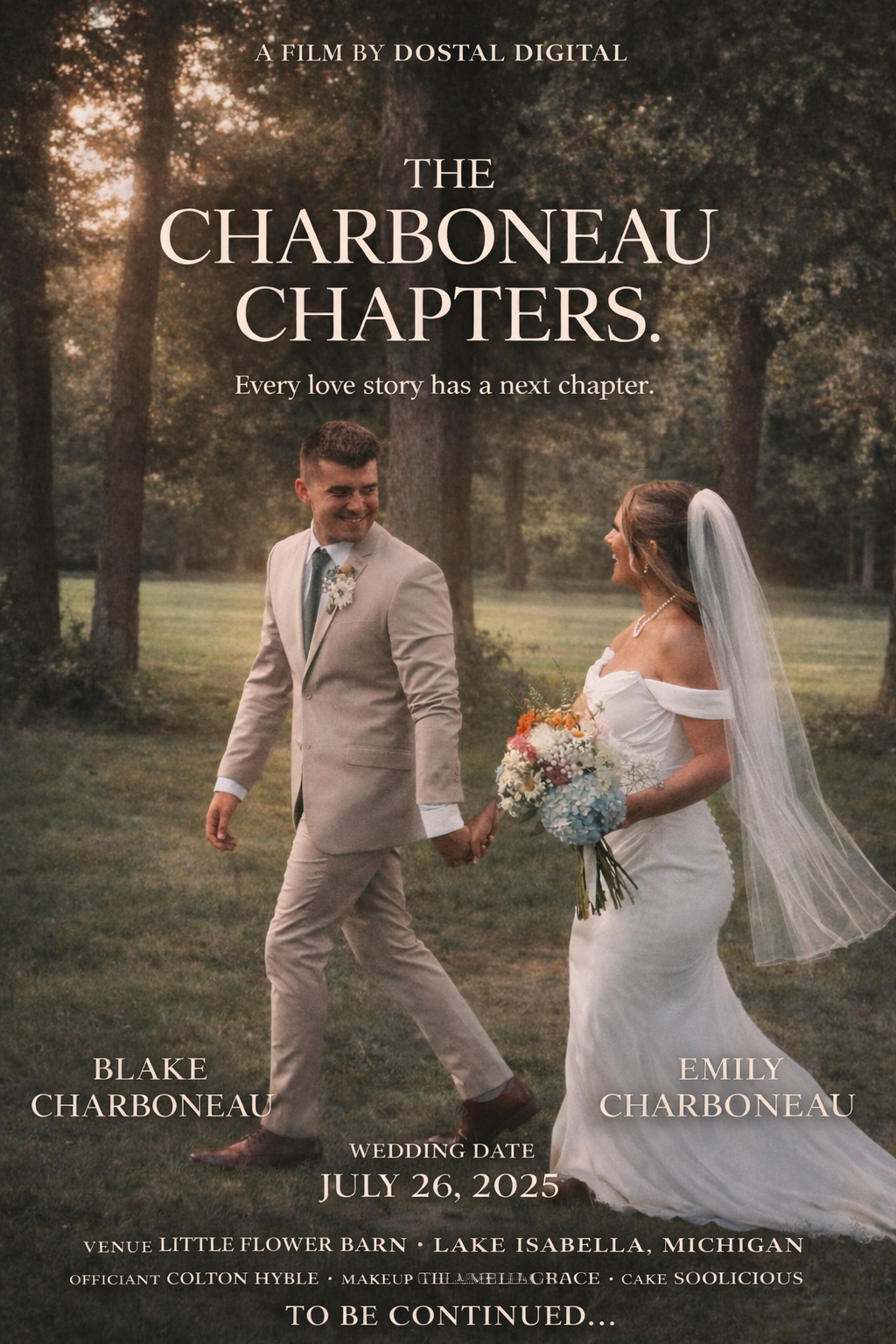 Romantic wedding announcement banner showing couple in beige suit and white dress walking through sunlit forest setting.