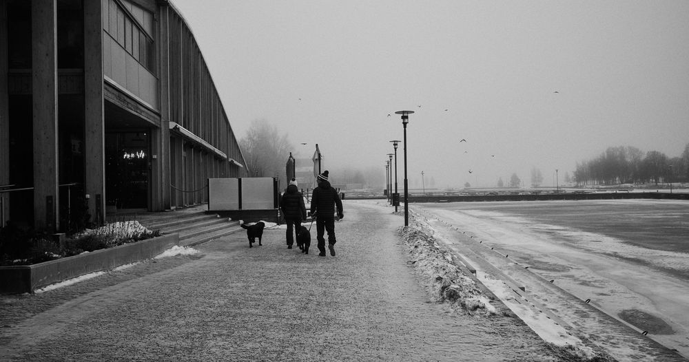 Two people and a dog walk along a snowy street beside an industrial building on a foggy winter day in black and white.