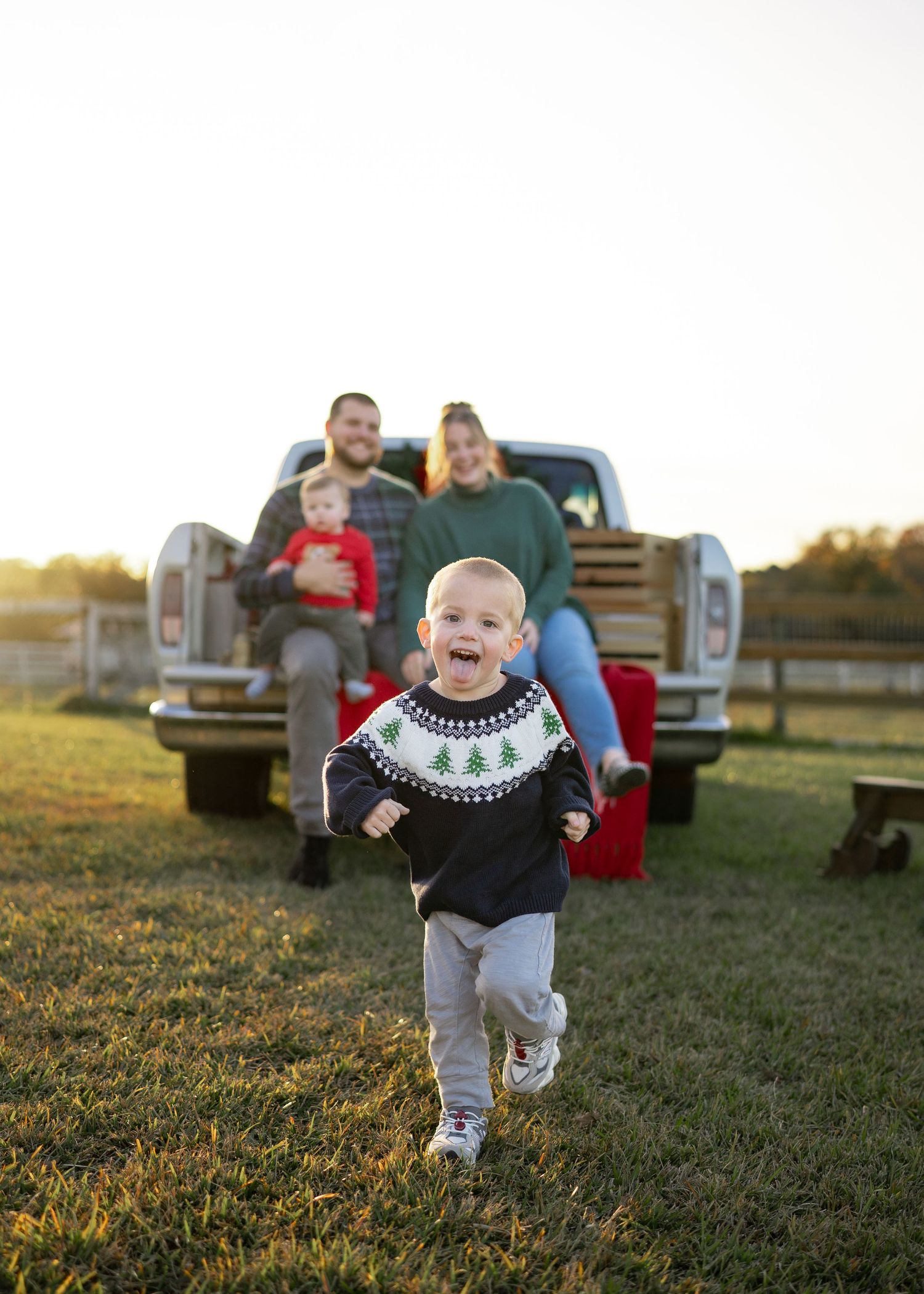 Family enjoying a festive Texas farm Christmas mini session, sitting on the bed of an old red Ford truck decorated with holiday greenery.