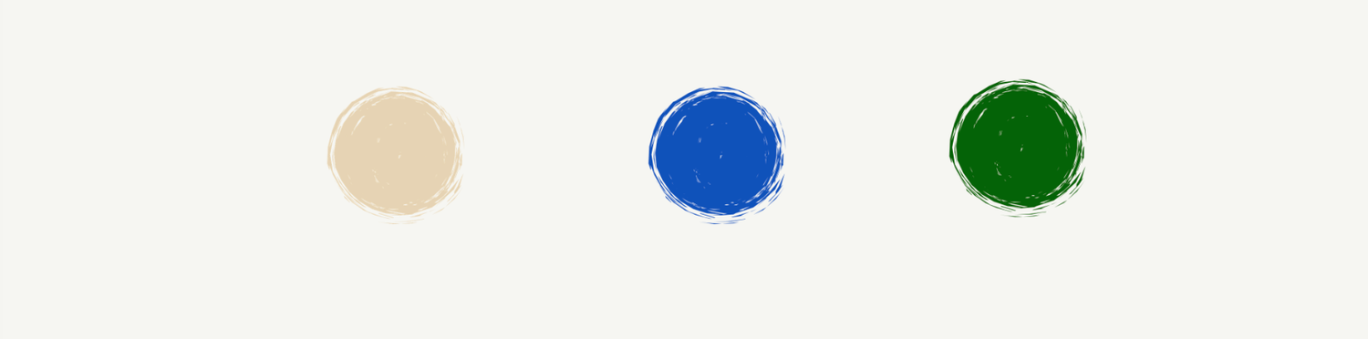 Three large dots in beige, blue, and green colors arranged horizontally on a light gray background.